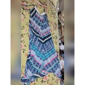 Maurices Summer Maxi Dress Spaghetti Straps Boho V Angle Navy Teal Pink & White